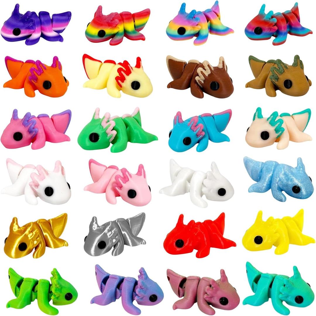 24 Pcs 3D Printed Axolotl Animals Set  Colorful Articulated Mini Fidget Toys  Fun Party Favors, Classroom Rewards & Desk Decor