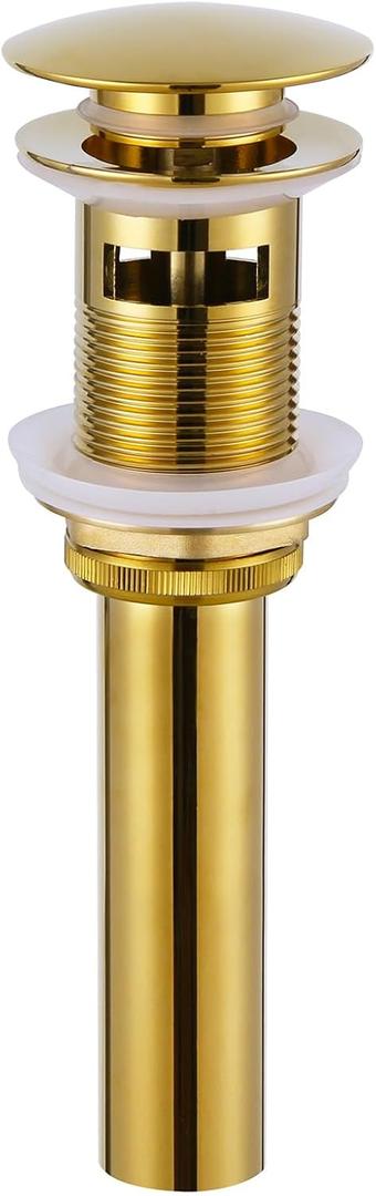 Angle Simple Bathroom Sink Drain Stopper Glossy Deep Gold Color, Brass Pop Up Sink Stopper with Overflow Hole for Sink with 1.61 to 2 Inches Drain Hole