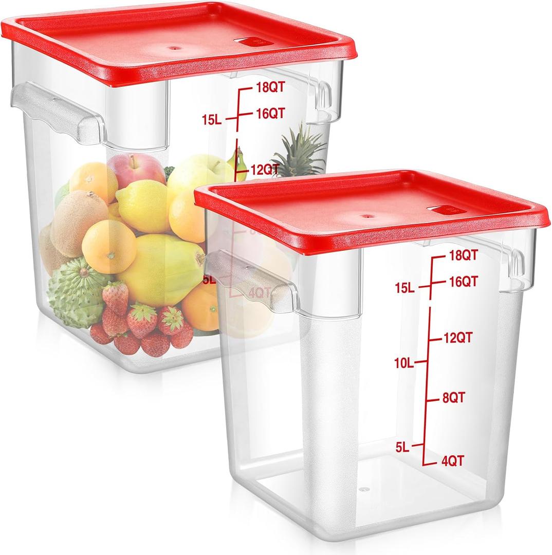 Suclain 2 Pcs Square Food Storage Container Polycarbonate Clear Food Container with Red Lid Commercial Rice Storage with Red Graduations for Commercial Kitchen(11 x 12.4 inches)