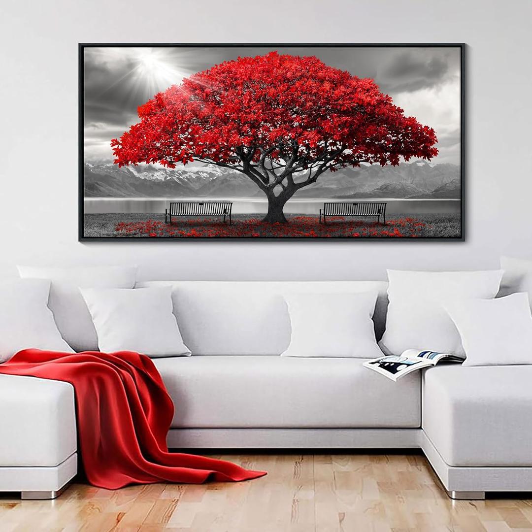 AJAZIKO Red Wall Art - Modern Framed Wall Art for Living Room - Red Tree Black and White Landscape Canvas Prints Posters & Prints for Home Office Bedroom Decorations - Large Wall Pictures 2040IN