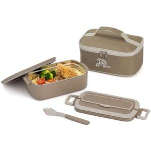 Pack of 2, Lille Home Stainless Steel Bento Lunch Box for Adults, 34oz Portable Food Container with Lunch Bag and Utensils, Ideal for Meal Prep and On-the-Go (Brown)