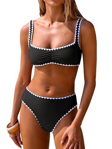 ANRABESS Womens Bikini Sets Two Piece Swimsuit Ribbed Front Ruched Mid Waisted Bathing Suit Color Block 2026 Beach Swimwear Black White M
