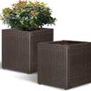SUNNYPARK Set of 2 Large Square Planter with Removable Liner, All-Weather PE Rattan Modern Planters Indoor Outdoor Flower Plant Pots Garden Box Patio Yard Front Porch Deck