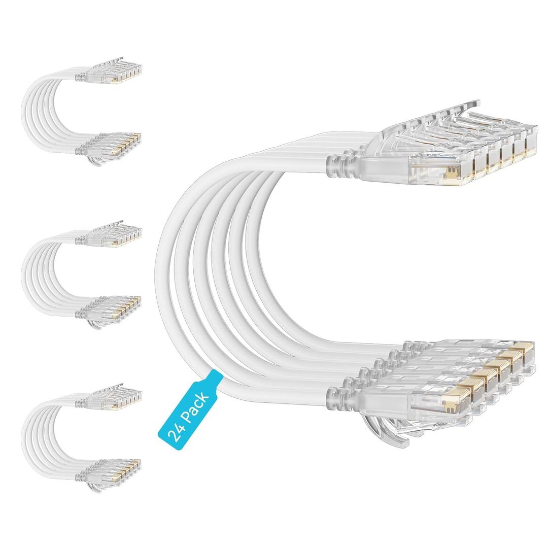 Cat6 Slim Patch Cables 1 Feet 24-Pack White, Cat6a Patch Cables 10Gbps 550MHz High-Speed, Cat 6 Ethernet Cable Pure Copper UTP, Flexible & Thin Patch Cable Cat 6 for Network Cabling