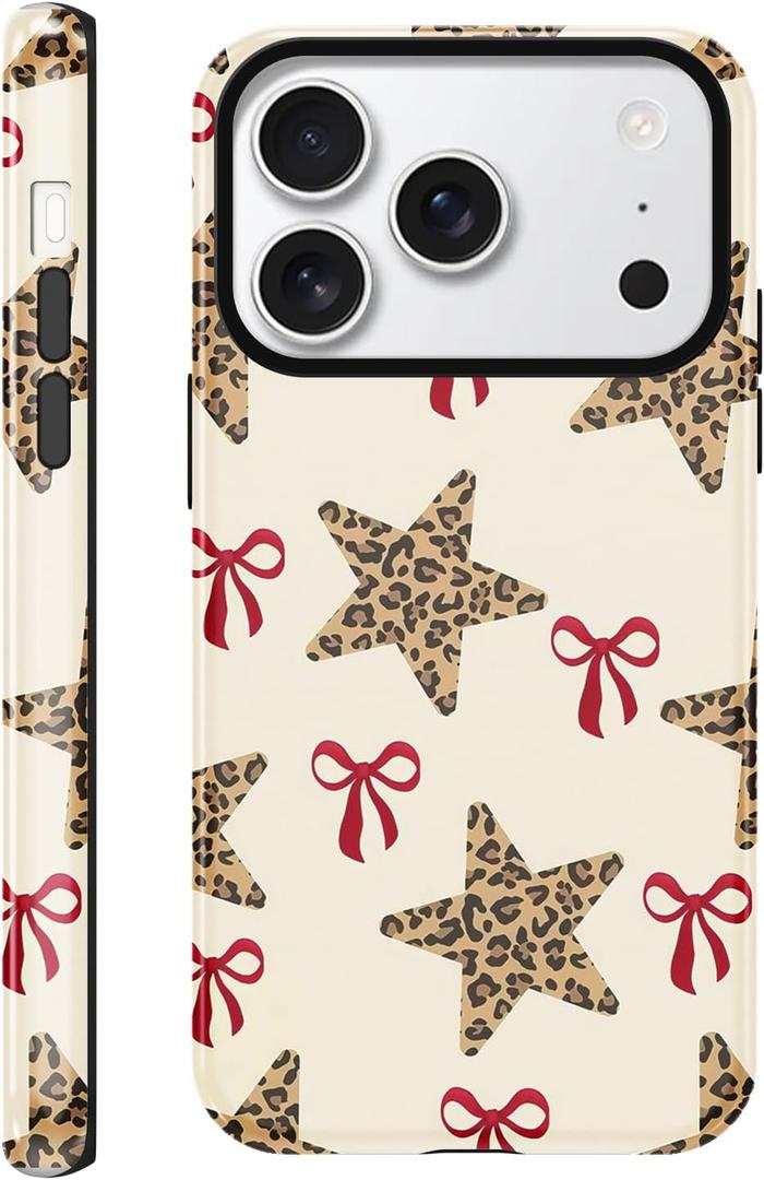 for iPhone 17 Pro Max 6.9'' Leopard Patterned Stars and Red Bows Phone Case, Slim Scratch Resistant Shockproof Dual-Layer Protection, Hard Shell with Silicone Interior for Woman Men