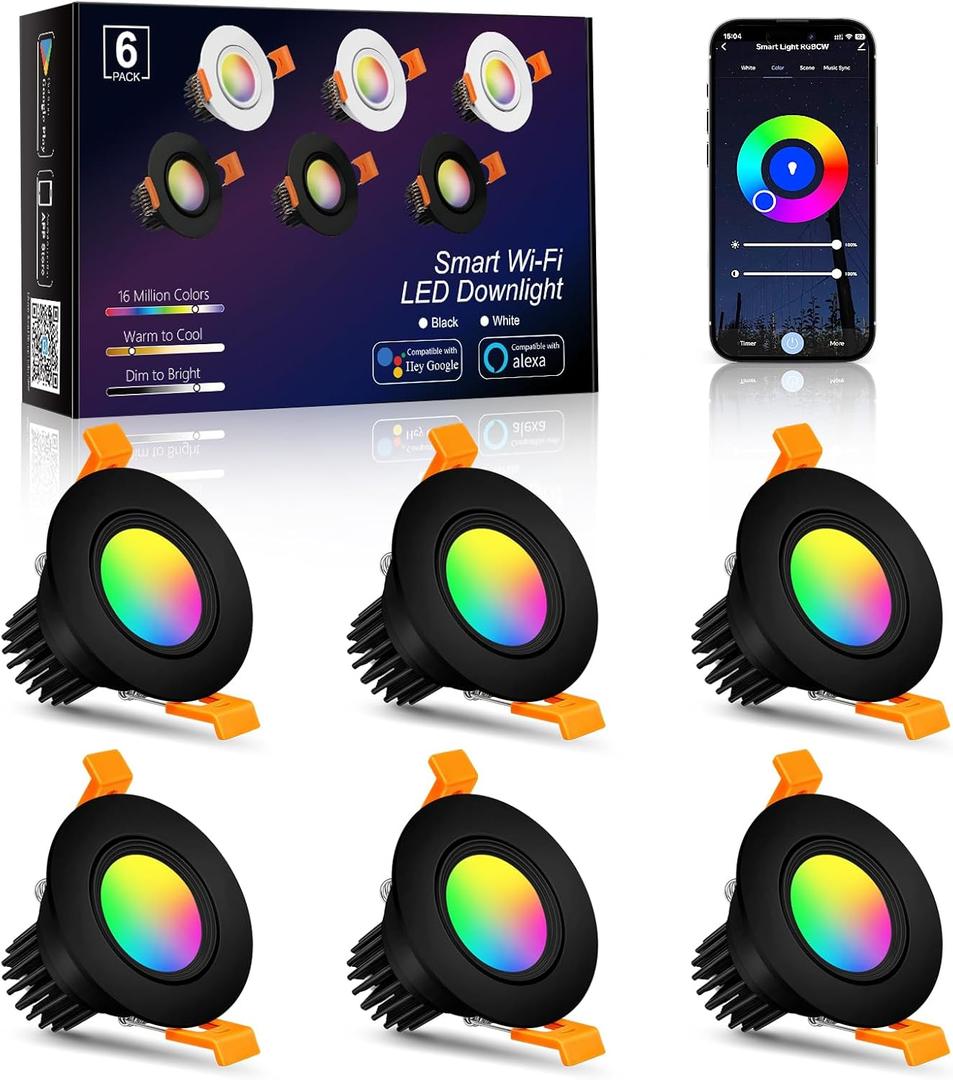 Smart WiFi 2 Inch Black LED Downlight, 5W 120V RGBCW Recessed Light, Dimmable COB 2700K-5000K, Compatible with Alexa/Google, LED Can Lights with Driver, 6 Pack (Multicolor)