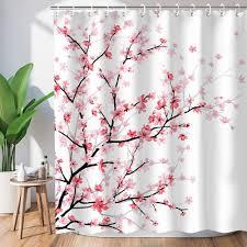 LIVILAN Cherry Blossom Shower Curtain Japanese Shower Curtain Floral Sakura Plum Blossom Flower Shower Curtains with 12 Hooks Teal Blue and Pink Pretty Shower Curtain, 72" W x 72" H