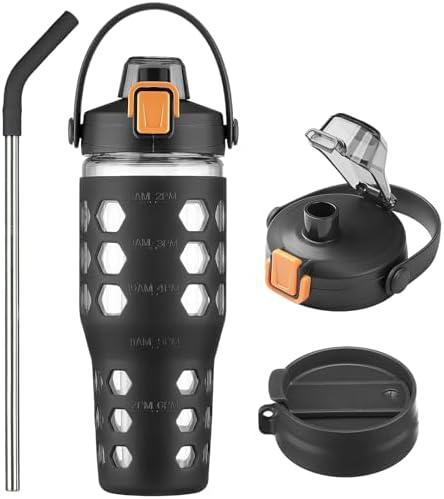 MUKOKO 32 oz Glass Tumbler with Straw,Glass Water Bottles with Time Marker,Iced Coffee Cup with 2 Lids-Handle Spout Lid&Straw Lid,Silicone Sleeve,Leakproof,1 Pack-Black