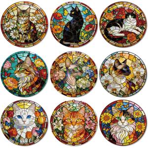 ANATTASOUL Animal Coasters Set of 9 Glass Cats and Flowers Colorful Wooden Coasters Bulk Round Housewarming Gift for New Home, 3.9" Decorative Coffee Table Protection for Farmhouse Bar Decor