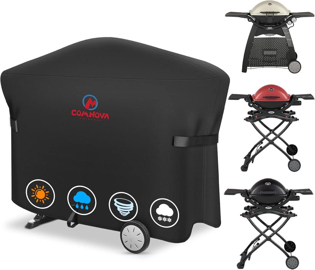 Comnova Grill Cover for Weber Q Grill on Cart - 7112 BBQ Cover for Weber Q3000/Q300/Q2000/Q200 with Portable Stand, 600D Heavy Duty & Waterproof BBQ Cover for Weber Q3200, 3000, 320, 300 and More