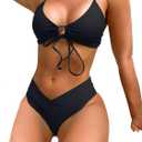 Meetall Women's High Cut String Triangle Bikini Set Swimsuits Sexy Bathing Suits 2 Piece (Black, L)