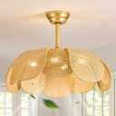 Rattan fandelier Ceiling Fan with Light Boho Ceiling Fans with Lights and Remote Gold Chandelier Fan for Bedroom, Living Room,Kitchen,Foyer(26 Inch,6 Speed, Timing Adjustable Height Flower)