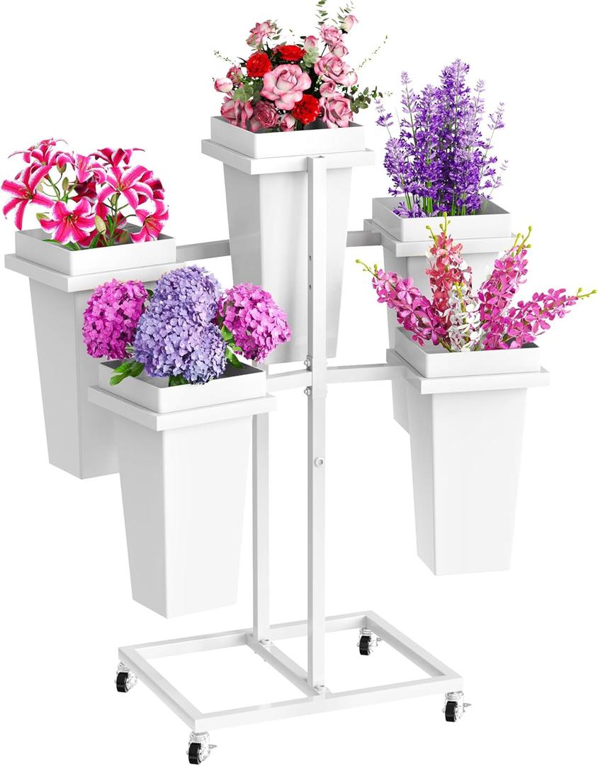 Flower Display Stand with Buckets Wedding Flower Cart with Wheels, White Flower Pot Stand, Moving Florist Bouquet Shelf for Weddings Party Bridal Shower Event Patio Garden Living Room Decor (16.54"L x 12.6"W x 31.5"H)