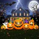 9.2FT Halloween Outdoor Inflatables, Blow Up Inflatable Pumpkins with Cute Ghost & Black Cat, Lighted Yard/Lawn/Porch Display, Plug-in LED, Built-in Fan, ~40s Inflation