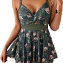 Women's Swimdress Apron Belly One Piece Swimsuit Slimming V Neck Tie Back Bathing Suit with Full Coverage Skirt 3XL