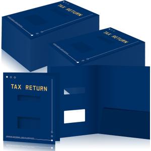 Mooliwe 100 Pcs Blue Tax Return Folders Bulk 9 x 11.25 Inches Income Tax Organizer with Side Staples Double Windows Paper File Pocket Document Folders for Accountants Business Office Supply