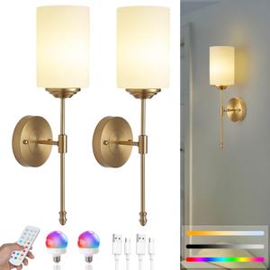 Battery Operated Wall Sconces Set of Two, Rechargeable Wireless Dimmable LED Lights with Remote Control, Modern Gold & Glass Design for Bedroom, Living Room - 2-Pack