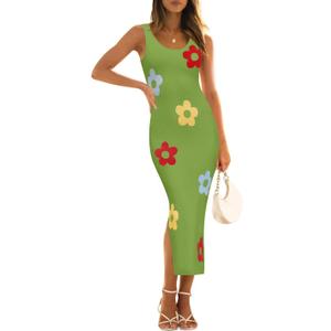 ZESICA Women's Summer Knit Bodycon Midi Dress 2026 Sleeveless Floral Crewneck Color Block Long Beach Party Dresses (L)