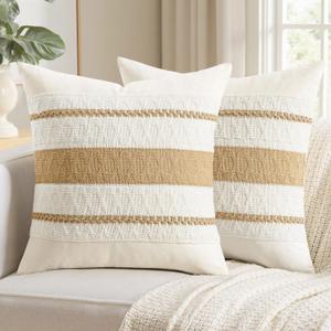 Woaboy Set of 2 Decorative Pillow Covers Boho Farmhouse Couch Throw Pillows Modern Cotton Cushion Covers Macrame Woven Spring Home Decor for Bed Sofa Chair 18x18 Inch Neutral