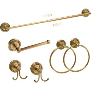 6 Pcs Antique Brass Gold Bathroom Accessories Set 15.7"-26.7" Solid Brass Towel Bar, Towel Ring, Toilet Paper Holder, Robe Hook, Wall Mounted Vintage Bath Hardware Fixture Set
