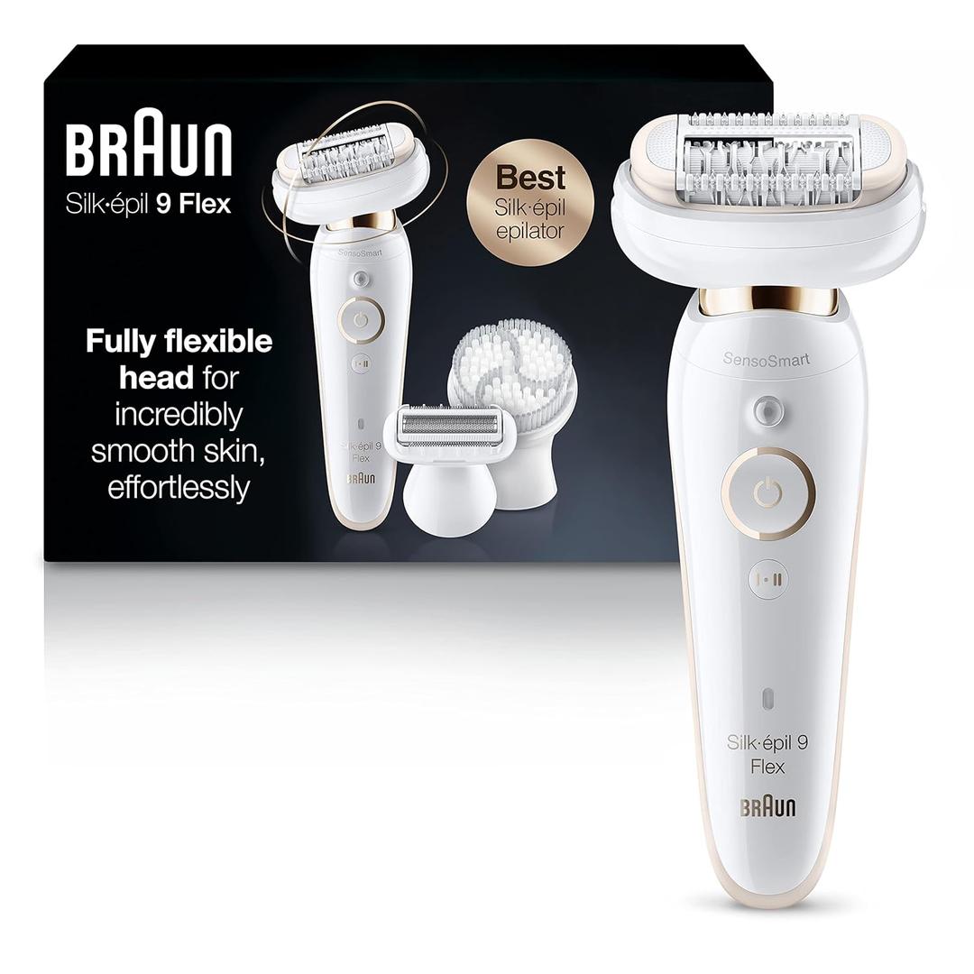 Braun Epilator Silk-pil 9 9-030 with Flexible Head, Facial Hair Removal for Women and Men, Hair Removal Device, Shaver & Trimmer, Cordless, Rechargeable, Wet & Dry, Beauty Kit with Body Massage Pad