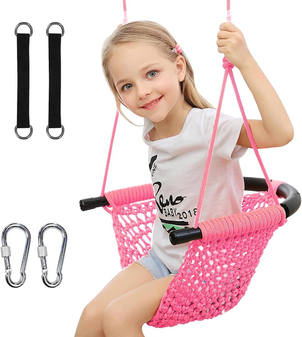 Hand-Knitting Toddler Swing, Swing Seat for Kids with Adjustable Ropes, Little tikes Swings Set, for Outdoor Indoor, Playground, Backyard (Pink)