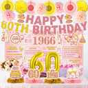 24 Pcs 60th Birthday Decorations for Women, Back in 1966 Party Supplies, Pink Gold 60th Birthday Banner Backdrop Hanging Swirls Balloons Honeycomb Centerpieces Sash