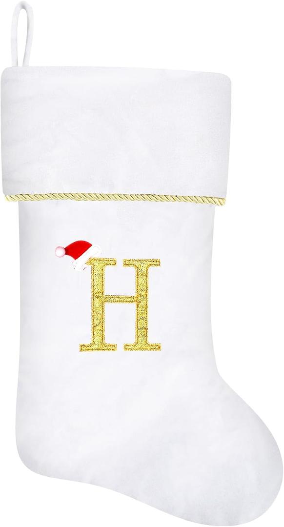 20 Inches Initial Monogram White Christmas Stocking, Personalized Large Embroidered Letter Velvet Christmas Stocking with Gold Trim Decoration for Family Christmas Holiday Party Decor(Letter H)