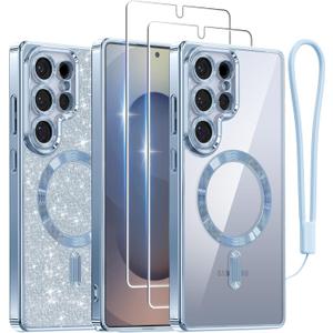 Meifigno Case for Samsung Galaxy S25 Ultra 6.9 inch, [Compatible with MagSafe] [2X HD Screen Protectors] [Glitter Card & Wrist Strap] Full Lens Protection Case for Galaxy S25 Ultra, Silverblue