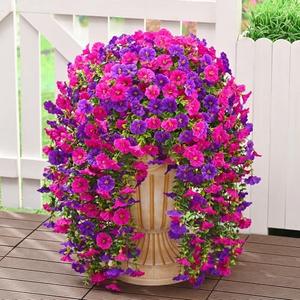 Dolicer 4 Packs Look Real Artificial Flowers for Outdoors, Fake Artificial Hanging Flowers for Outdoors Realistic UV Resistant Hanging Flowers Silk Petunia Faux Flowers for Porch Patio(Purple+Fuchsia)