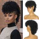 Mohawk Wig Kinky Curly Ponytail with Bangs,Short Curly Synthetic Clip on Mohawk Ponytail Extension Hair Pieces for Women with Six Clips and Two Combs Fluffy Natural Hair for Daily and Party Use 1B