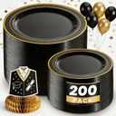 WDF 200PCS Black and Gold Plastic Plates - Black Plates Disposable for Party - Heavy Duty Plastic Plate for Wedding/Party/Birthday/Graduation