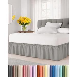 Wrap Around Dust Ruffle Bed Skirt - Light Grey - for King Size Beds with 18 Inch Drop - Elastic Strap - Adjustable Pleated Bedskirt with Brushed Fabric and Wrinkle Free - for Women, Men, Kids & Teens