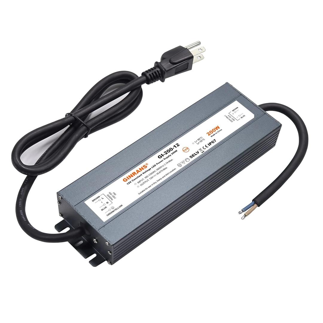 200W IP67 Waterproof Constant Voltage LED Driver Power Supply Transformer, 100-130V AC Universal Input with Plug, Output 12V DC 16.67A Max. for Outdoor LED Lighting