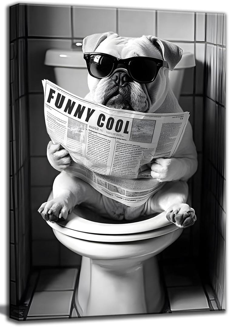 Bathroom Dog Canvas Wall Art Funny Toilet Black And White Animal Wall Decor Pictures Cool Unique Dog Bathroom Reading Newspaper Painting Poster Prints for Bathhouse Shop Home Decor (10"L x 8"W)