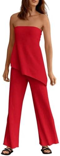 Tankaneo Womens 2 Piece Outfits Asymmetrical Tube Top Wide Leg Pants Knit Vacation Travel 2025 Matching Lounge Sets Medium