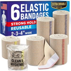 High-Performance Elastic Bandage Wrap - 6 Pack (2x2in, 2x3in, 2x4in) - Self-Closing Strong Compression Bandage Wrap for Leg, Ankles, Wrists, and Knees - for First Aid Kit and After Surgery Recovery