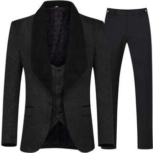 YFFUSHI Men's 3 Piece Suit Slim Fit Jacquard Tuxedo 1 Button Shawl Collar Blazer Vest & Pants for Wedding Formal Prom (XX-Large, Black)