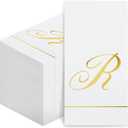 Pasimy 100 Pcs Initial Napkins Monogram Guest Napkins Gold Letter Paper Towels Disposable Elegant Dinner Towels for Wedding Bridal Shower Holiday Birthday Party Tableware Decor(R Letter)