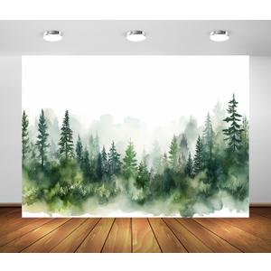 BELECO 8x6ft Fabric Watercolor Forest Backdrop Misty Forest Trees Spruce Forest Silhouette Background for ChristmasParty Decoration Banner Birthday Baby Shower Kids Adults Portrait Photo Props (CHA21906)