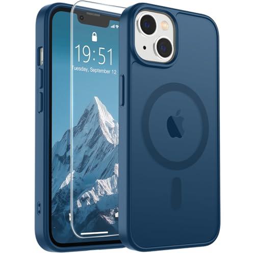 SUPFINE Magnetic for iPhone 15 Plus Case & iPhone 14 Plus Case with Screen Protector (Compatible with MagSafe)(Military Grade Drop Protection) Translucent with Anti-Fingerprint Phone Case,Deep Blue
