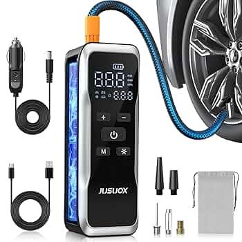 Tire Inflator Portable Air Compressor, Air Pump for Car Tires 150PSI Cordless with Battery and 12V DC, Electric Bike Pump with Pressure Gauge, Auto Shutoff, for Ball, Motorcycle Accessories
