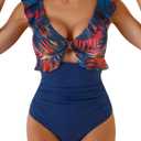 Aidonger Women's One Piece Swimsuit Tummy Control Ruffle Bathing Suit V Neck Ruched Swim Suit Slimming Cutout Swimwear (X-Large, Navy Blue Red Print)
