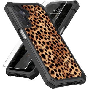 for Samsung Galaxy A15-5G Case with Screen Protector, Military Grade Drop Protection, Dual Layer Hybrid Shockproof Protection TPU Phone Case for Samsung A15 5G, Leopard Print