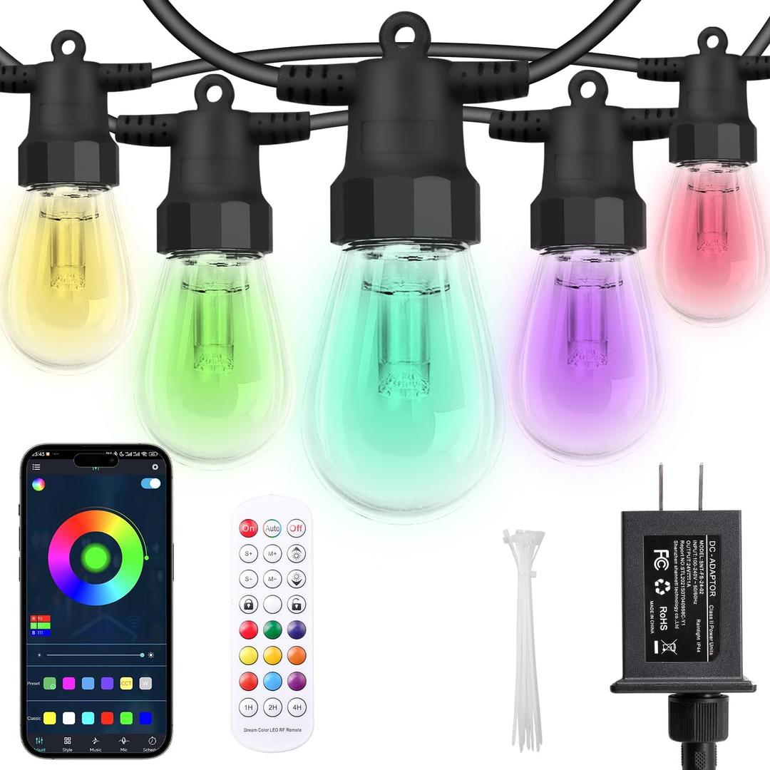 Outdoor String Lights 100FT (2×50FT), Patio Lights with 40 Dimmable RGBW LED Bulbs, IP66 Waterproof & Shatterproof, APP & Remote Control, 24V Adapter, Color Changing Lights for Backyard Decor Outdoor String Lights 100FT (2×50FT), Patio Lights with 40 Dimmable RGBW LED Bulbs, IP66 Waterproof & Shatterproof, APP & Remote Control, 24V Adapter, Color Changing Lights for Backyard Decor