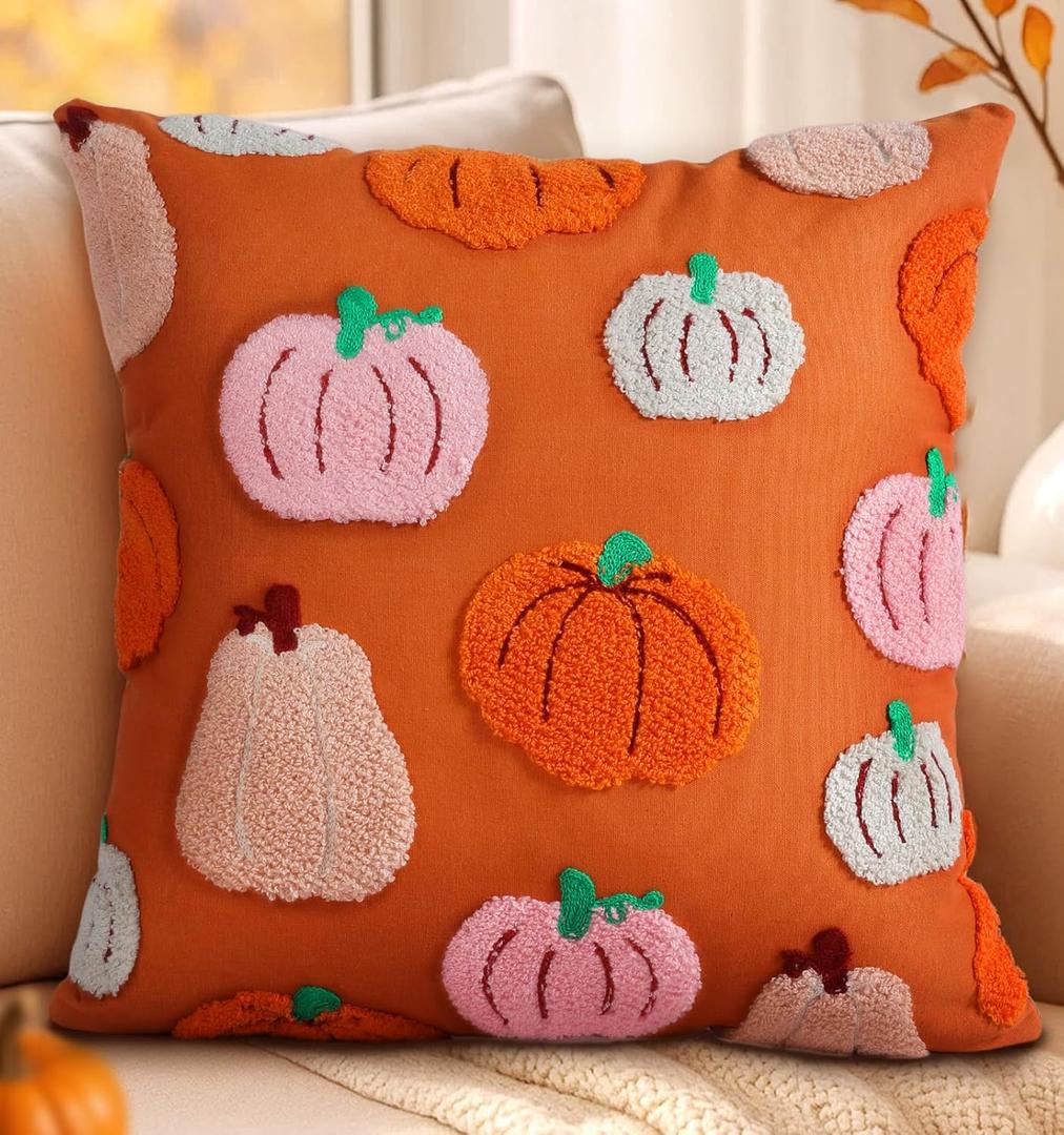 Embroidered Fall Pillow Covers 18x18 Inch - Halloween Decor Soft Cozy Throw Pillow Covers with Zipper Autumn Theme Harvest Colorful Pumpkin Cushion Covers for Living Room Couch Sofa Bed