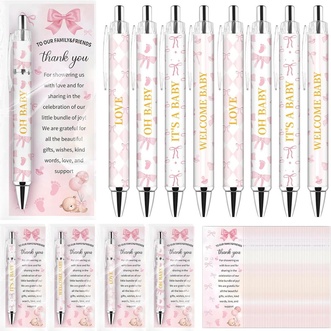 36 Sets Pink Bow Baby Shower Favors Coquette Ribbon Rolling Paper Ballpoint Pens Thank You Greeting Cards for Writing Journal School Office Home Gender Reveal Party Guests Supplies