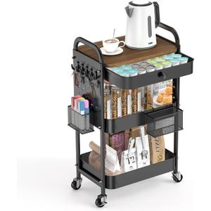 ALVOROG Rolling Cart with Drawer and Wood Table Top, 3 Tier Metal Rolling Utility Cart on Wheels with DIY Pegboards, Hanging Baskets, Hooks for Bedroom,Office,Craft Supplies (Black)
