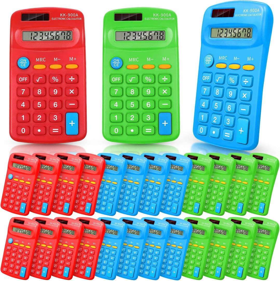 30 Pack Pocket Calculator Small Battery Powered Bulk Mini Size 4 Function Hand Held Basic Calculator for Students Kids School Home Office(Green, Red, Blue)