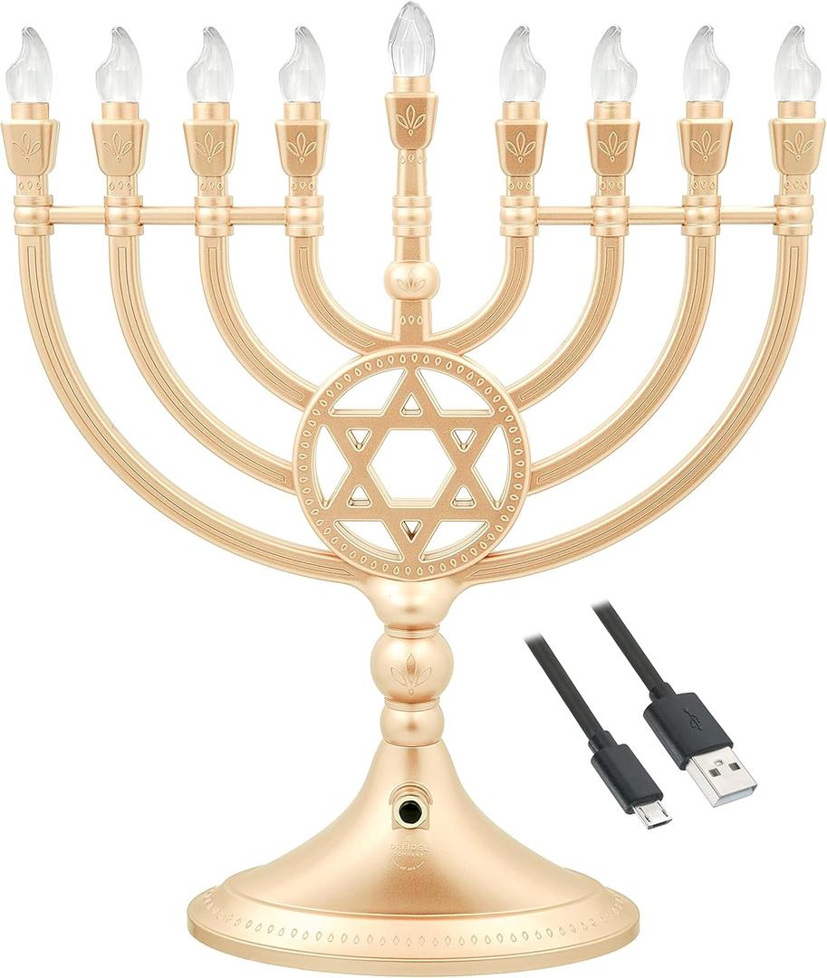 The Dreidel Company Traditional LED Electric Gold Hanukkah Menorah - Large Size 13-Inches Tall Battery or USB Powered - Includes a Micro USB Charging Cable